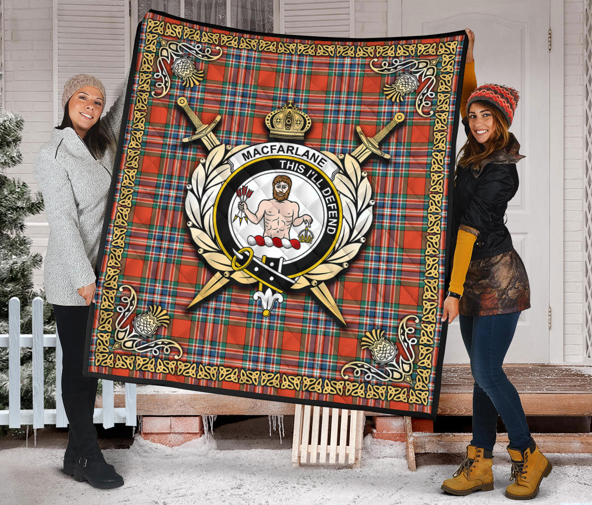 MacFarlane Ancient Tartan Crest Premium Quilt - Celtic Thistle Style