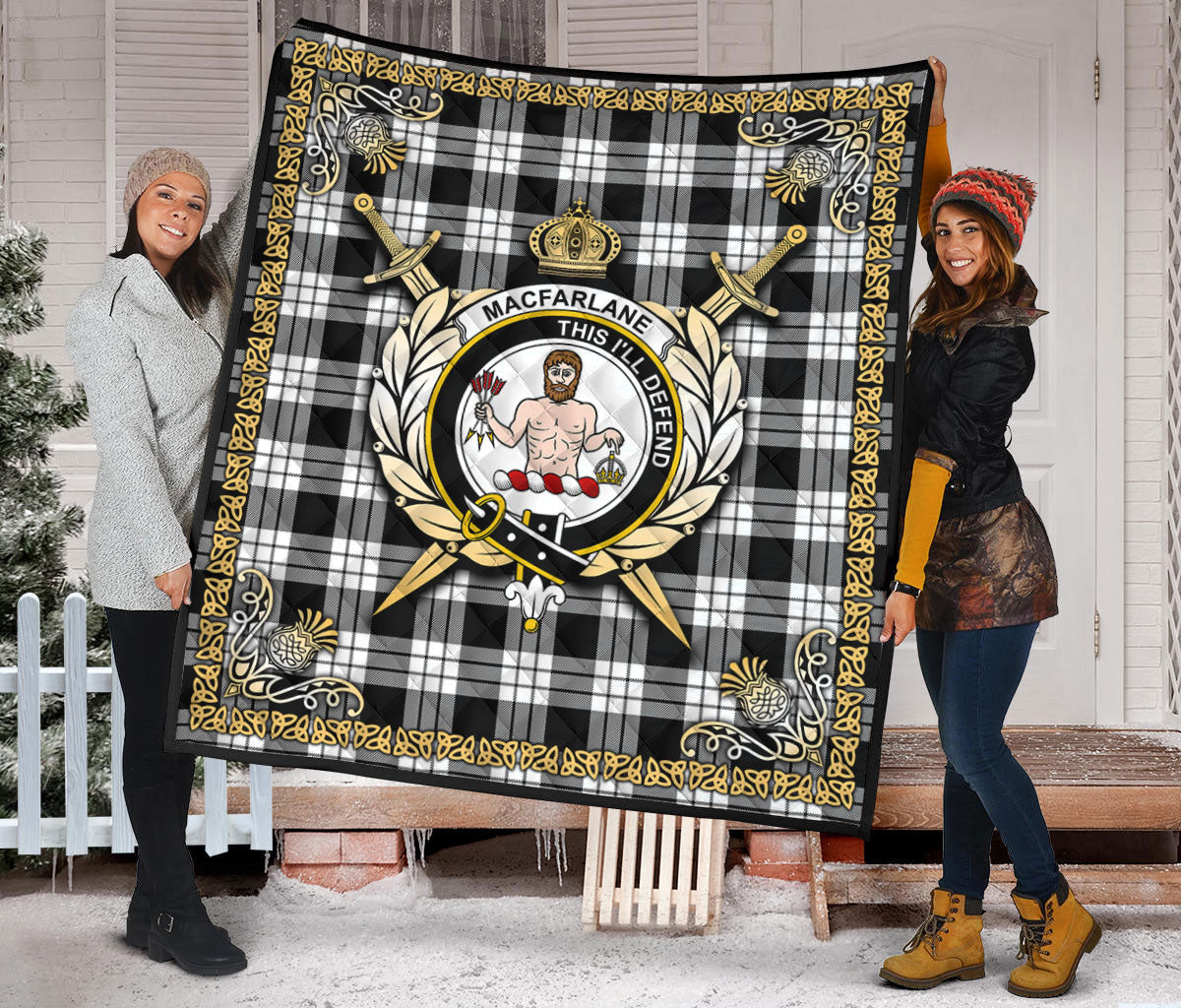 MacFarlane Black _ White Tartan Crest Premium Quilt - Celtic Thistle Style