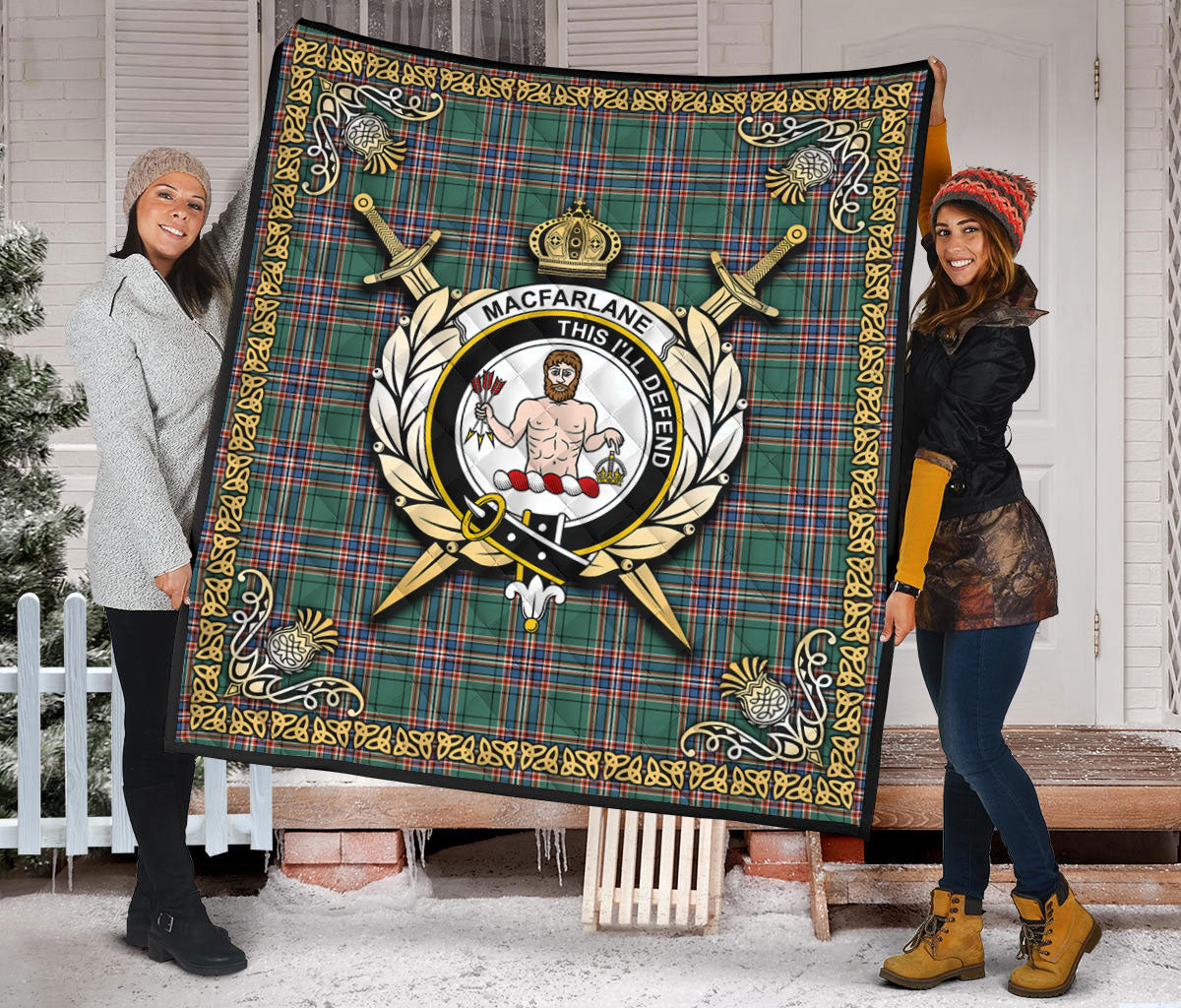 MacFarlane Hunting Ancient Tartan Crest Premium Quilt - Celtic Thistle Style