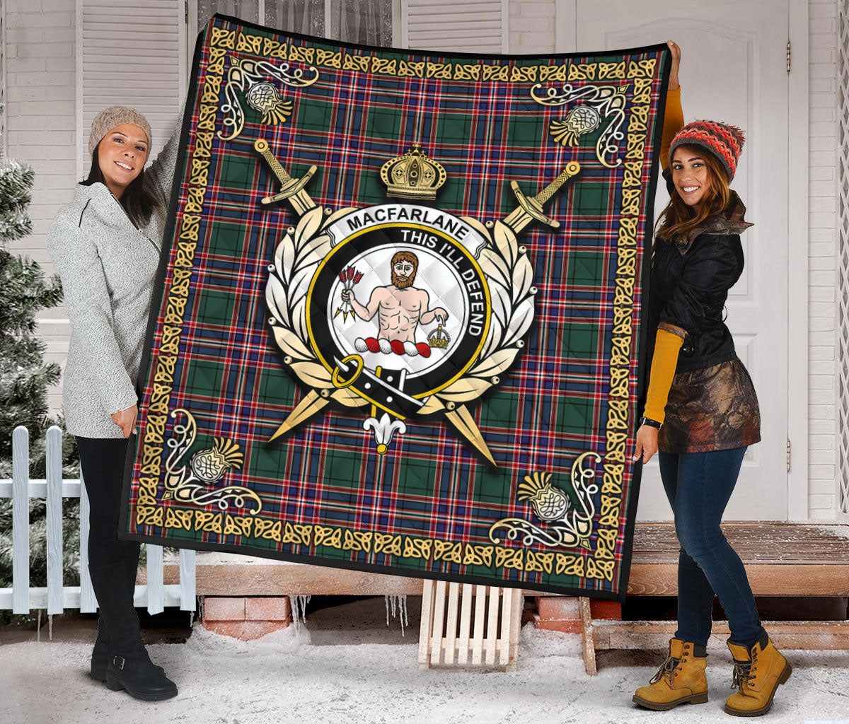 MacFarlane Hunting Modern Tartan Crest Premium Quilt - Celtic Thistle Style