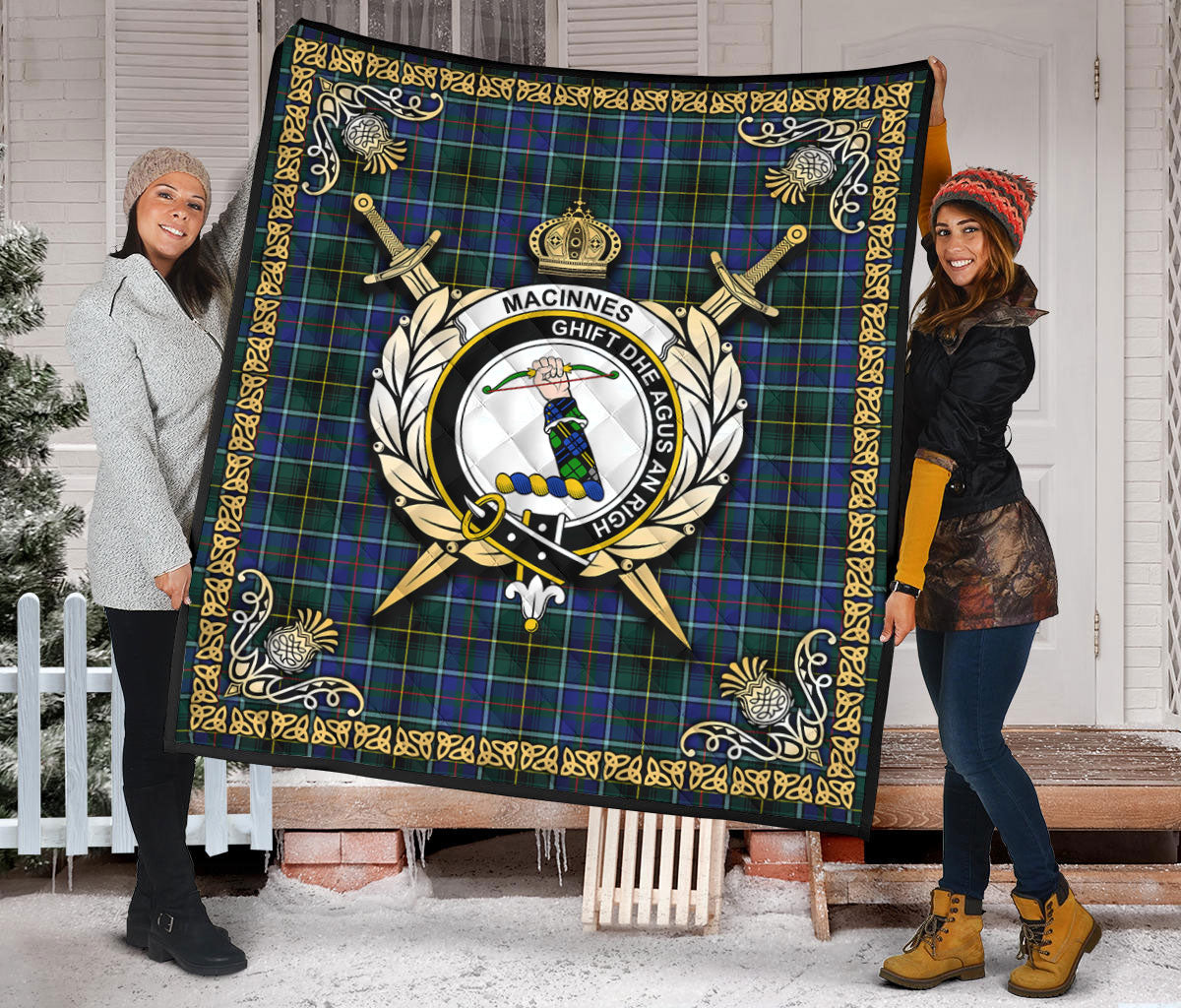 MacInnes Modern Tartan Crest Premium Quilt - Celtic Thistle Style