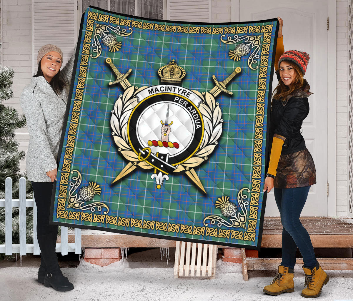 MacIntyre Hunting Ancient Tartan Crest Premium Quilt - Celtic Thistle Style