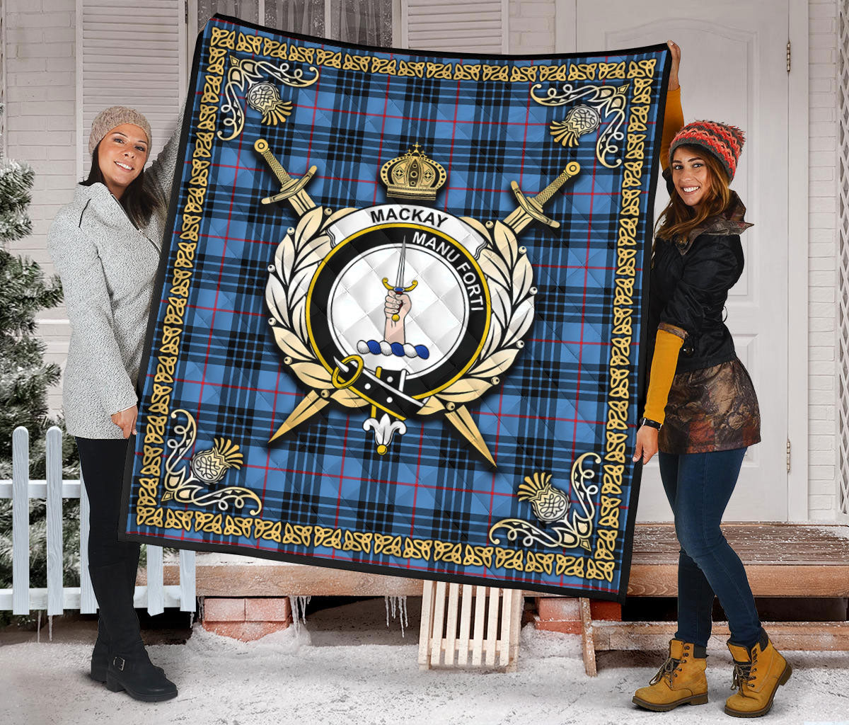 MacKay Blue Tartan Crest Premium Quilt - Celtic Thistle Style