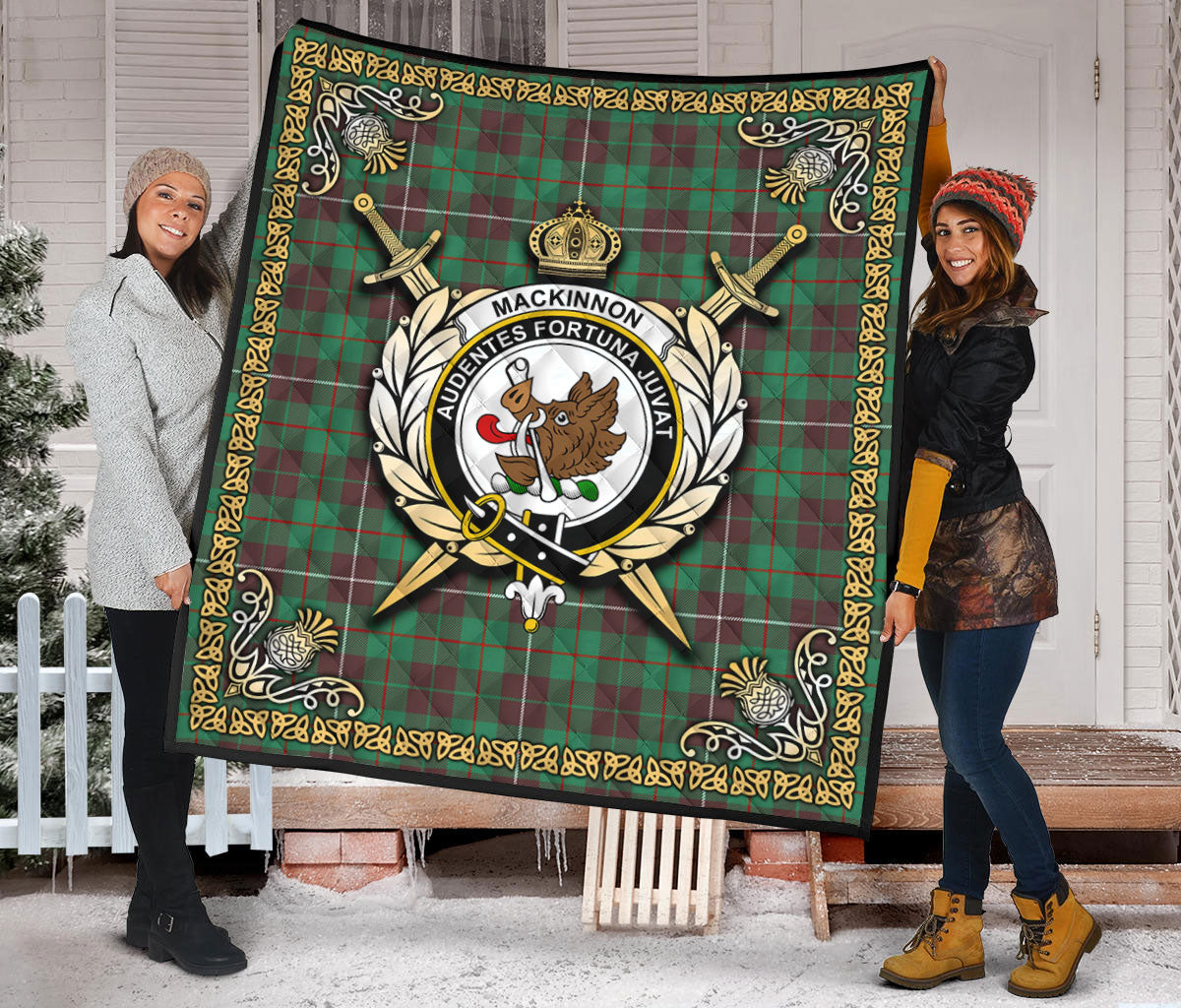 MacKinnon Hunting Ancient Tartan Crest Premium Quilt - Celtic Thistle Style