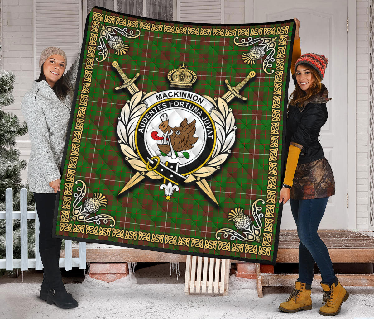 MacKinnon Hunting Modern Tartan Crest Premium Quilt - Celtic Thistle Style