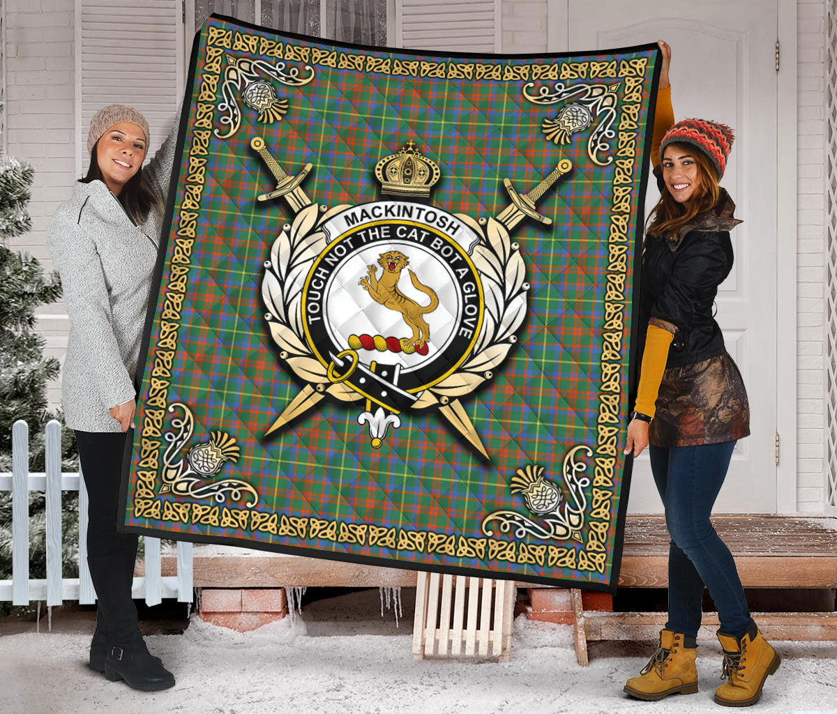 MacKintosh Hunting Ancient Tartan Crest Premium Quilt - Celtic Thistle Style