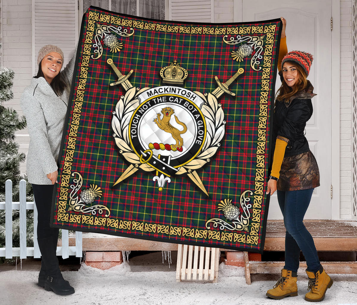 MacKintosh Hunting Modern Tartan Crest Premium Quilt - Celtic Thistle Style