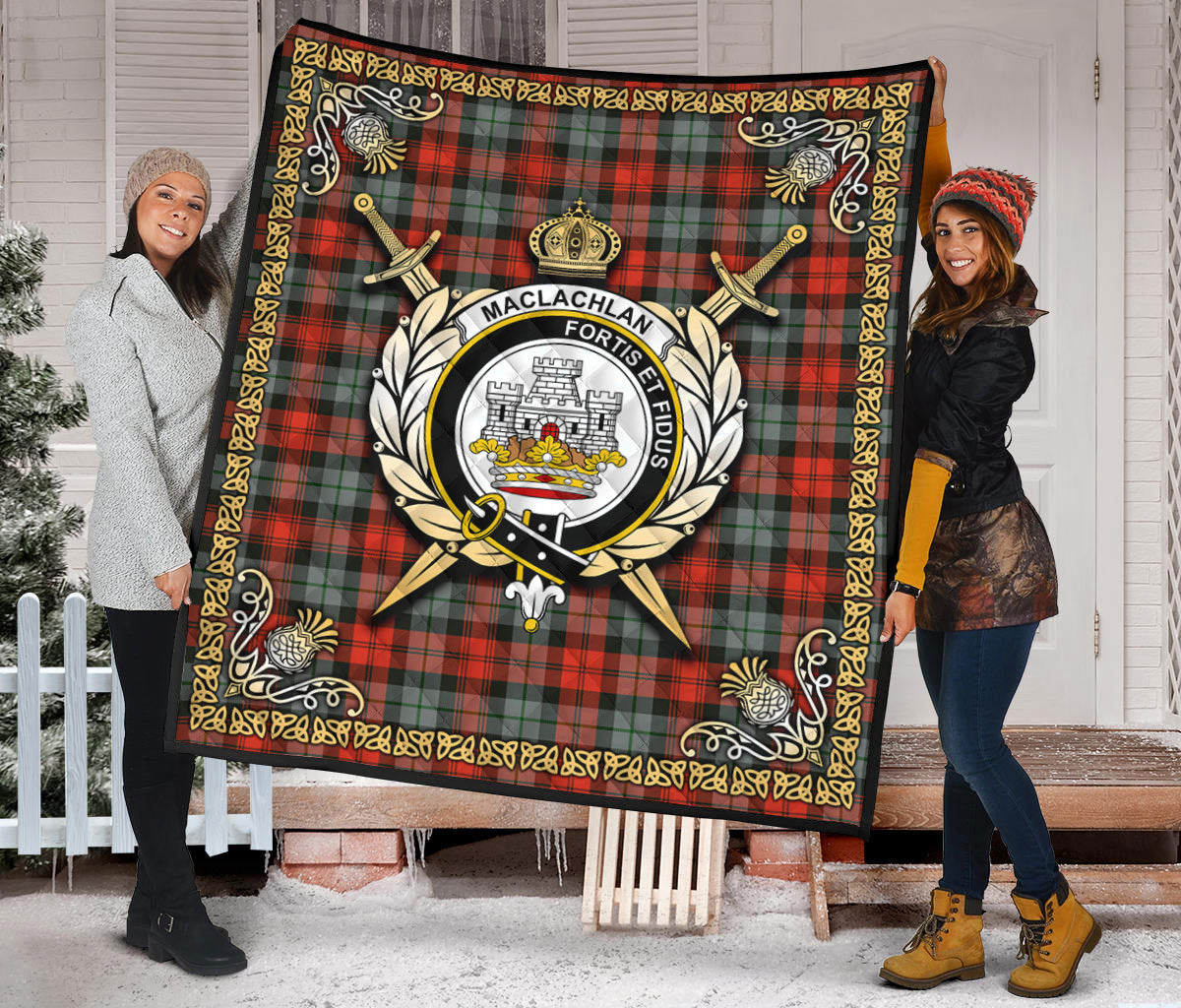 MacLachlan Weathered Tartan Crest Premium Quilt - Celtic Thistle Style