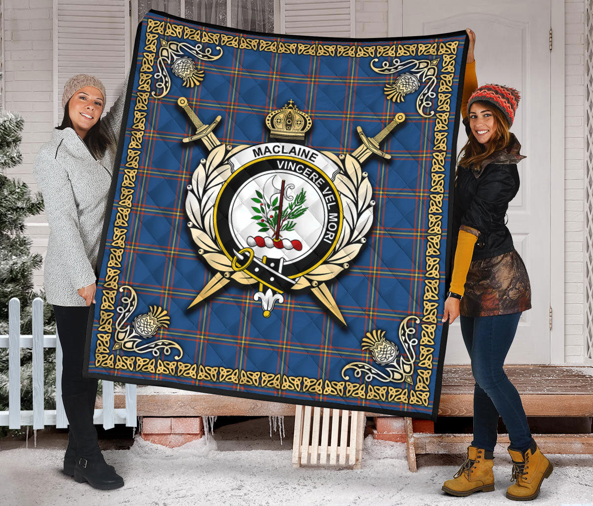 MacLaine of Loch Buie Hunting Ancient Tartan Crest Premium Quilt - Celtic Thistle Style