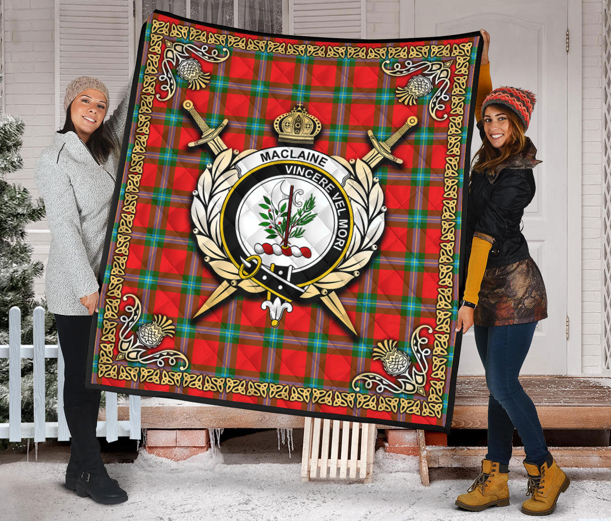 MacLaine of Loch Buie Tartan Crest Premium Quilt - Celtic Thistle Style