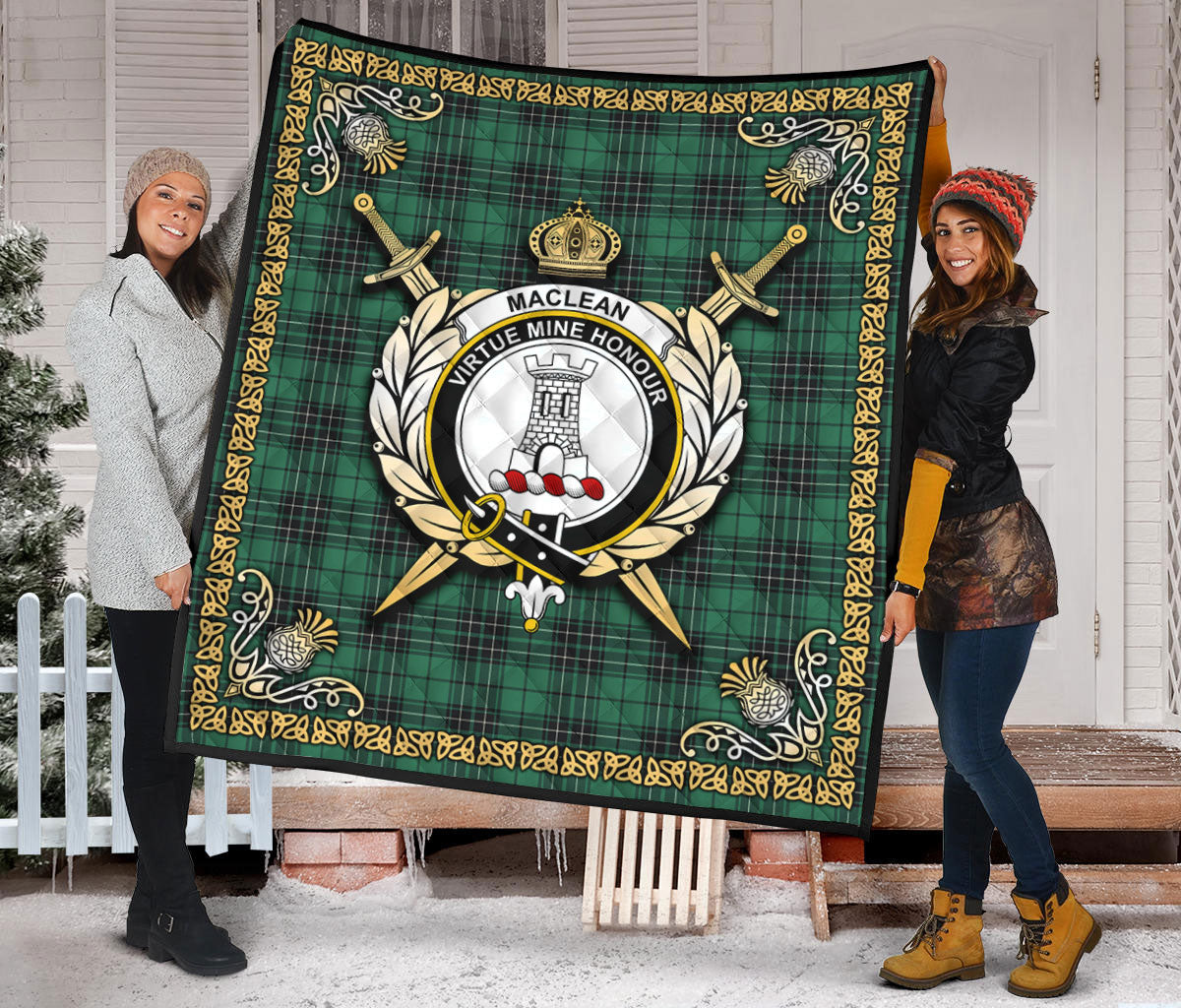 MacLean Hunting Ancient Tartan Crest Premium Quilt - Celtic Thistle Style