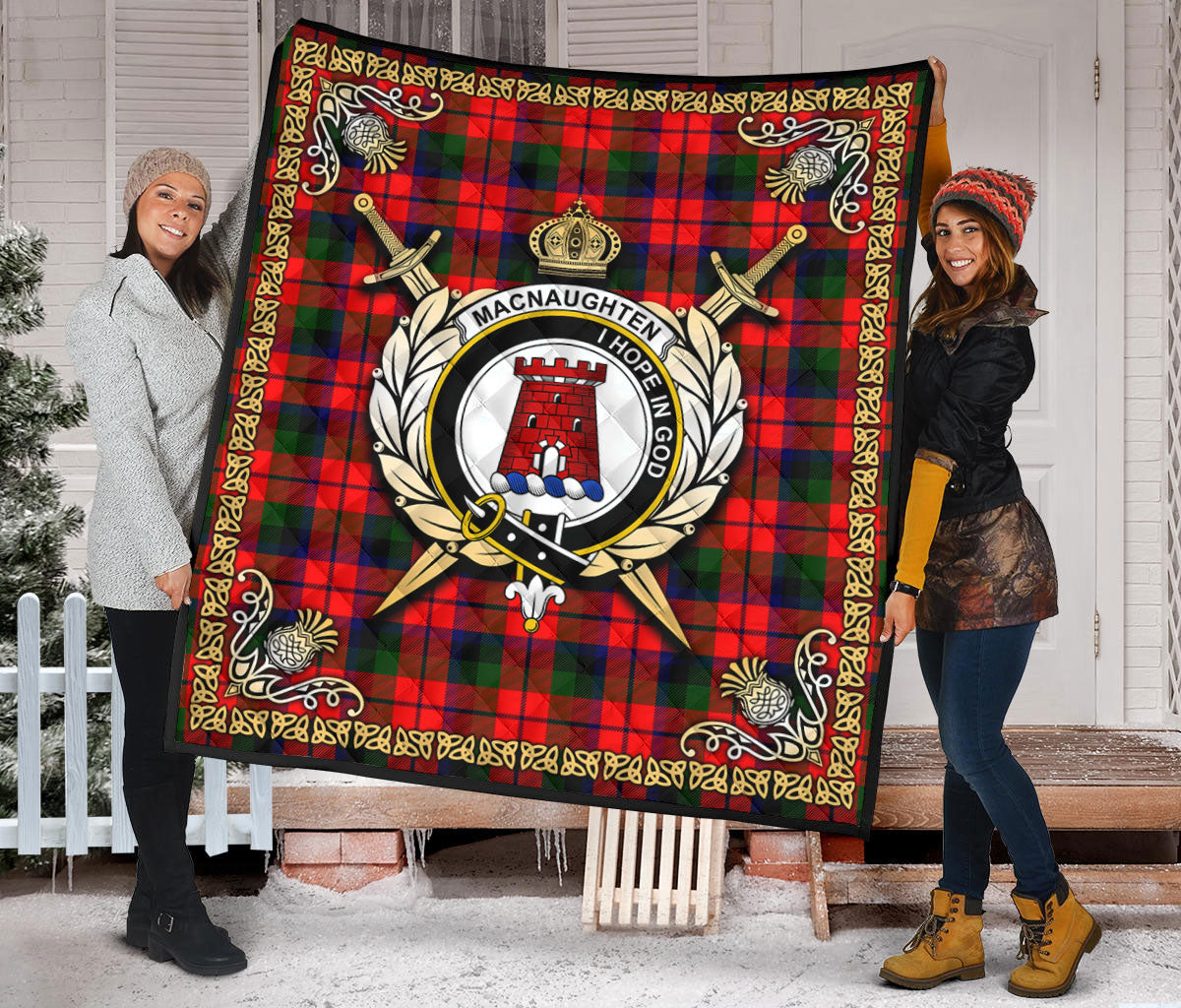 MacNaughten Tartan Crest Premium Quilt - Celtic Thistle Style