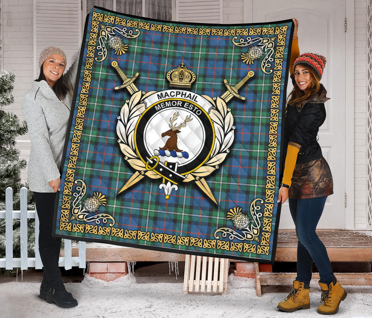 MacPhail Hunting Ancient Tartan Crest Premium Quilt - Celtic Thistle Style