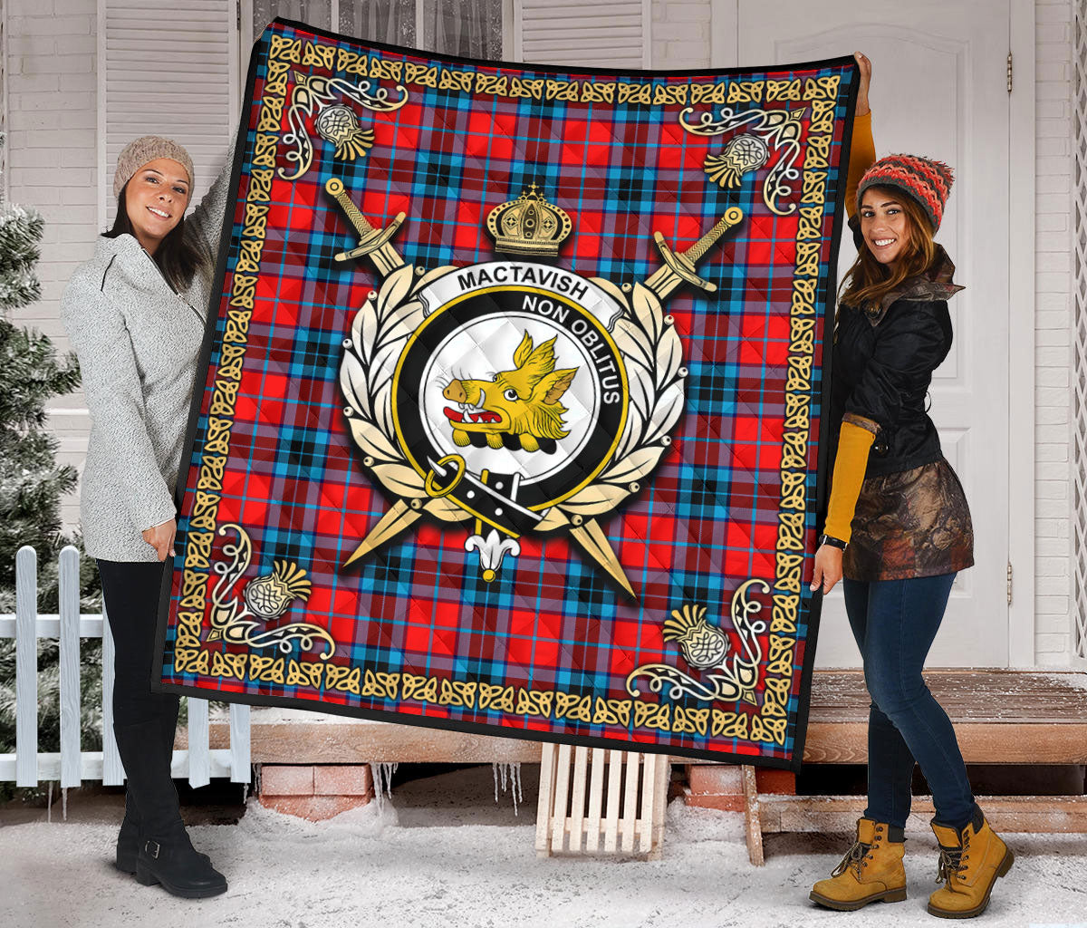 MacTavish Modern Tartan Crest Premium Quilt - Celtic Thistle Style