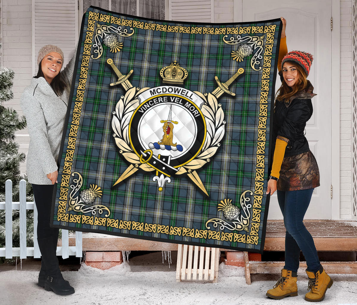 McDowell (MacDowell) Tartan Crest Premium Quilt - Celtic Thistle Style