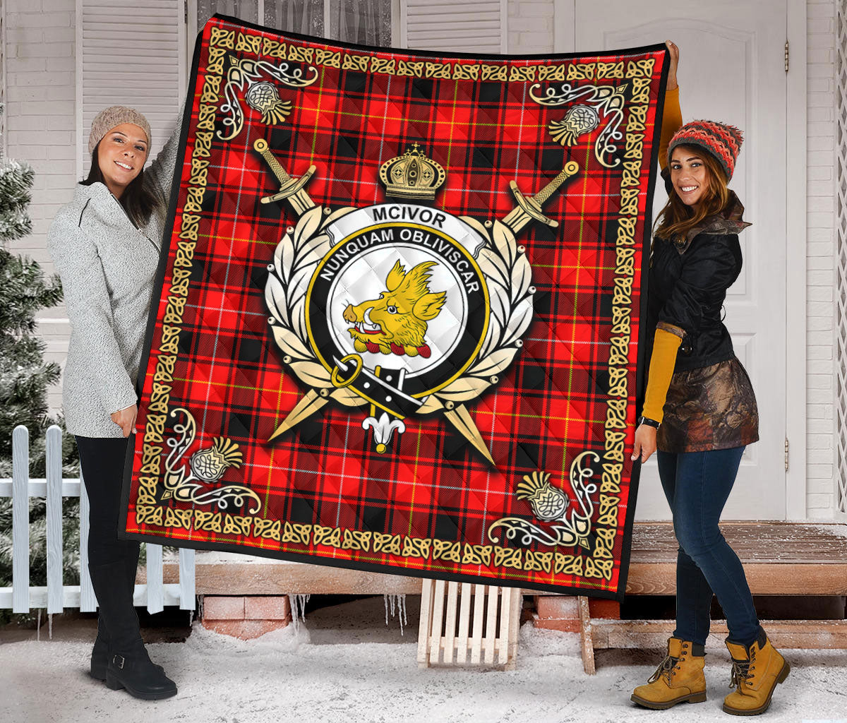 McIvor Tartan Crest Premium Quilt - Celtic Thistle Style