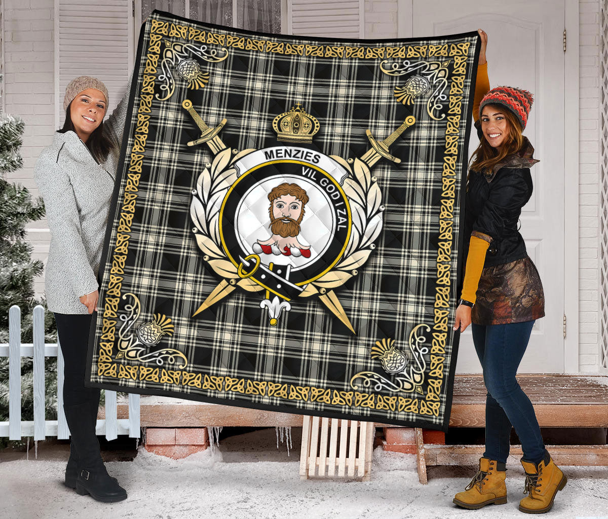 Menzies Black _ White Ancient Tartan Crest Premium Quilt - Celtic Thistle Style