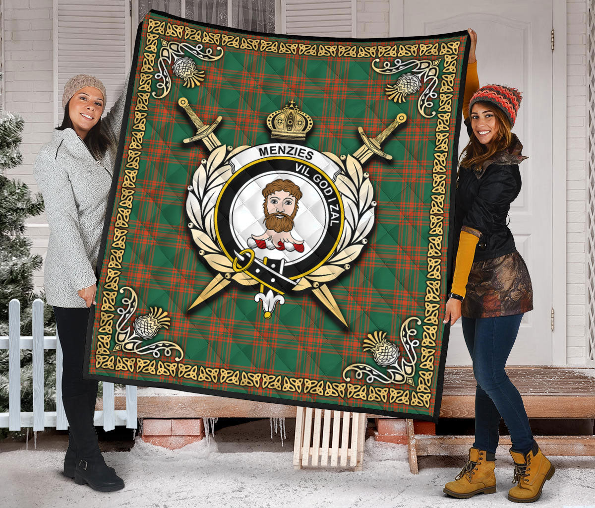 Menzies Green Ancient Tartan Crest Premium Quilt - Celtic Thistle Style