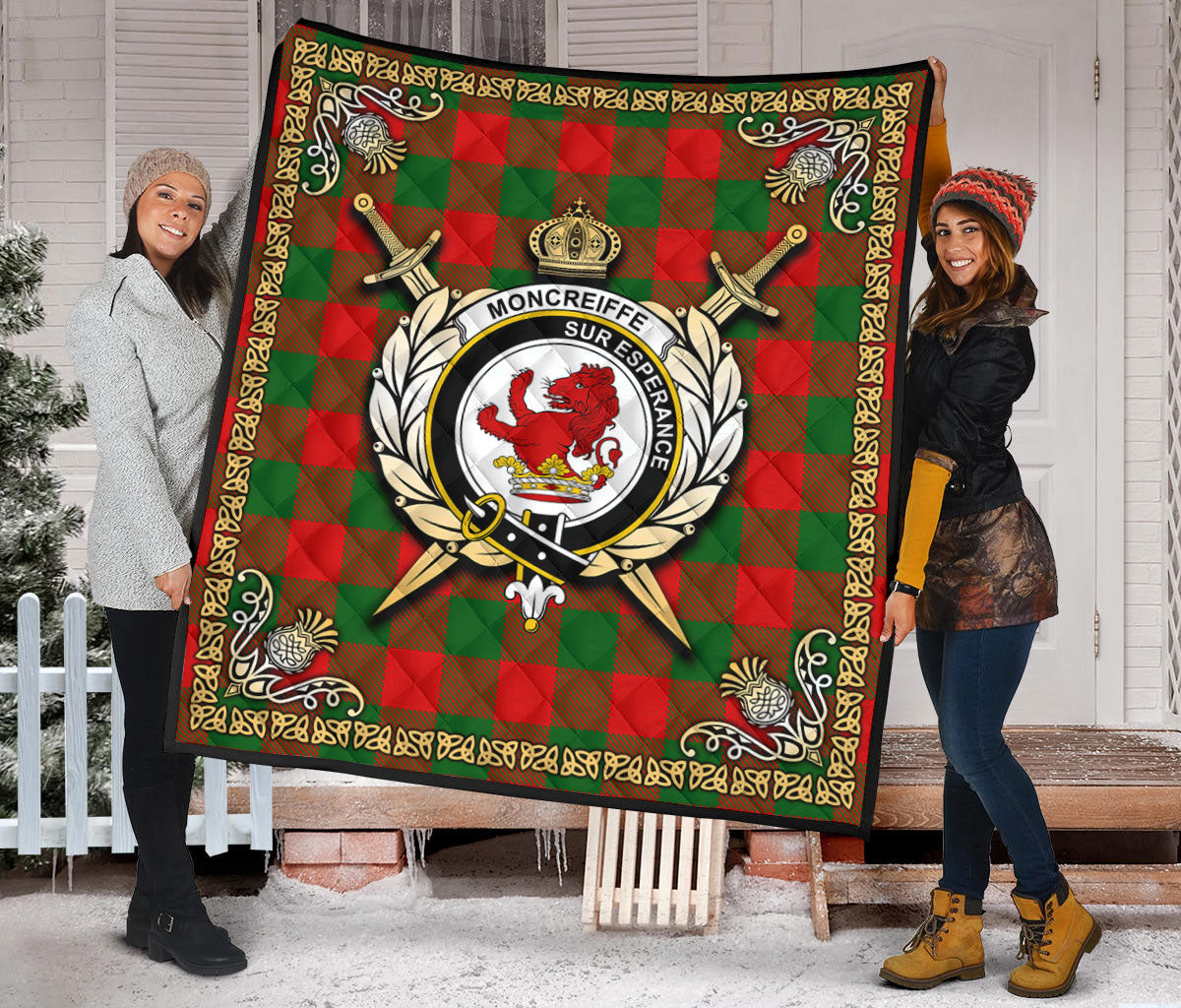 Moncreiffe (or Moncreiff) Tartan Crest Premium Quilt - Celtic Thistle Style