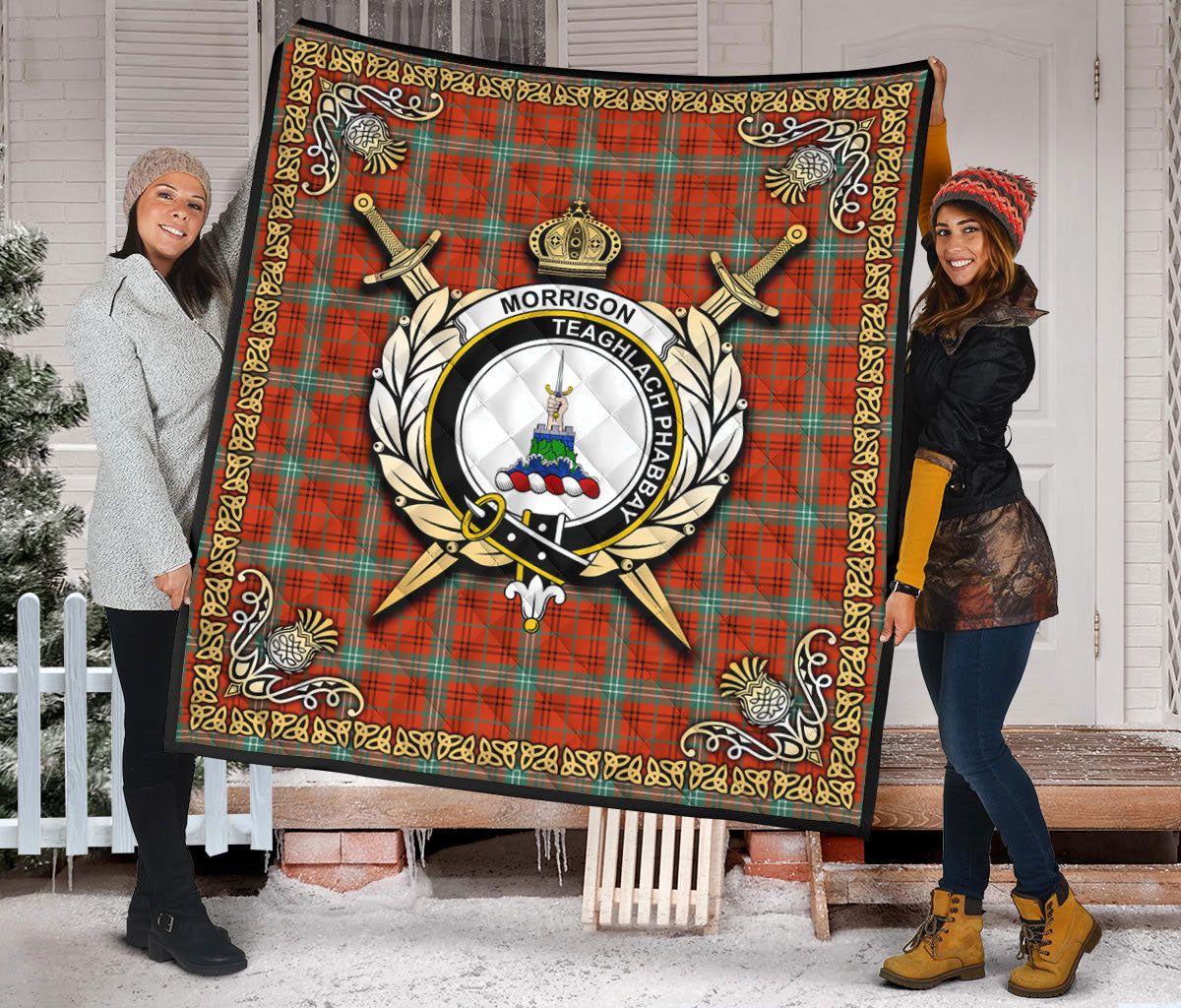 Morrison Red Ancient Tartan Crest Premium Quilt - Celtic Thistle Style