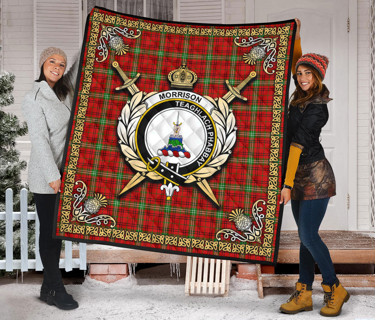 Morrison Red Modern Tartan Crest Premium Quilt - Celtic Thistle Style