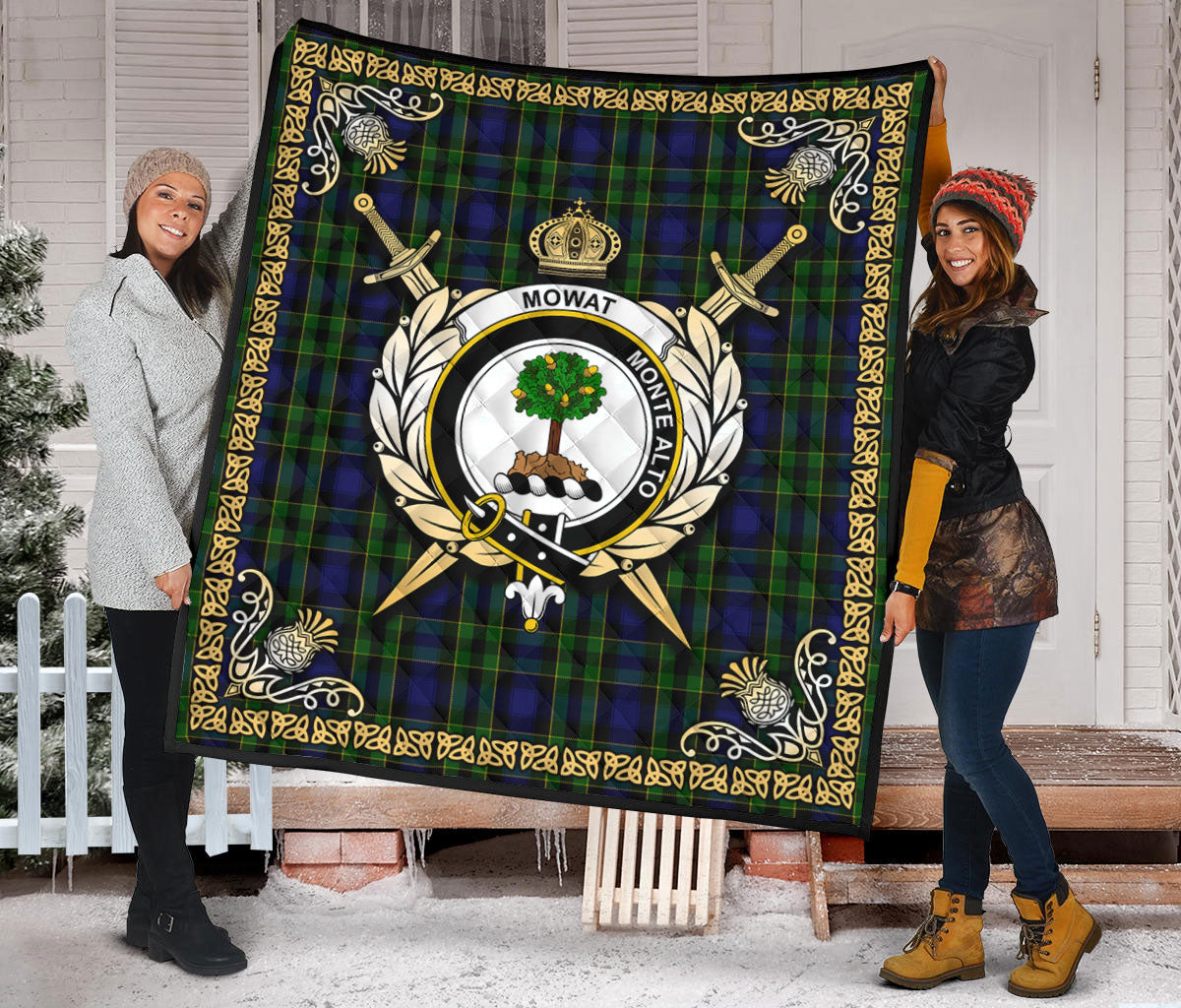 Mowat Modern Tartan Crest Premium Quilt - Celtic Thistle Style