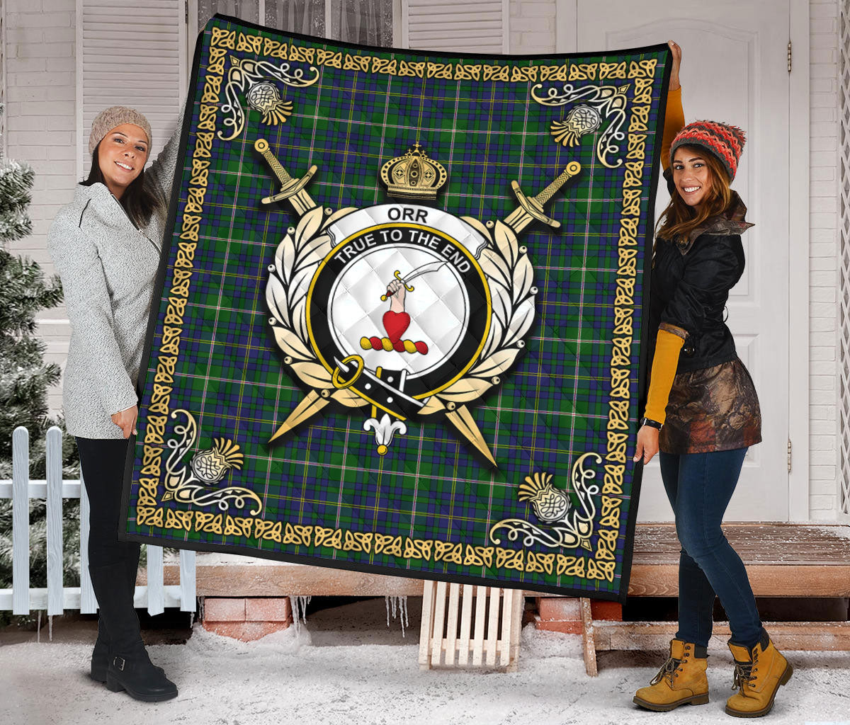 Orr Tartan Crest Premium Quilt - Celtic Thistle Style