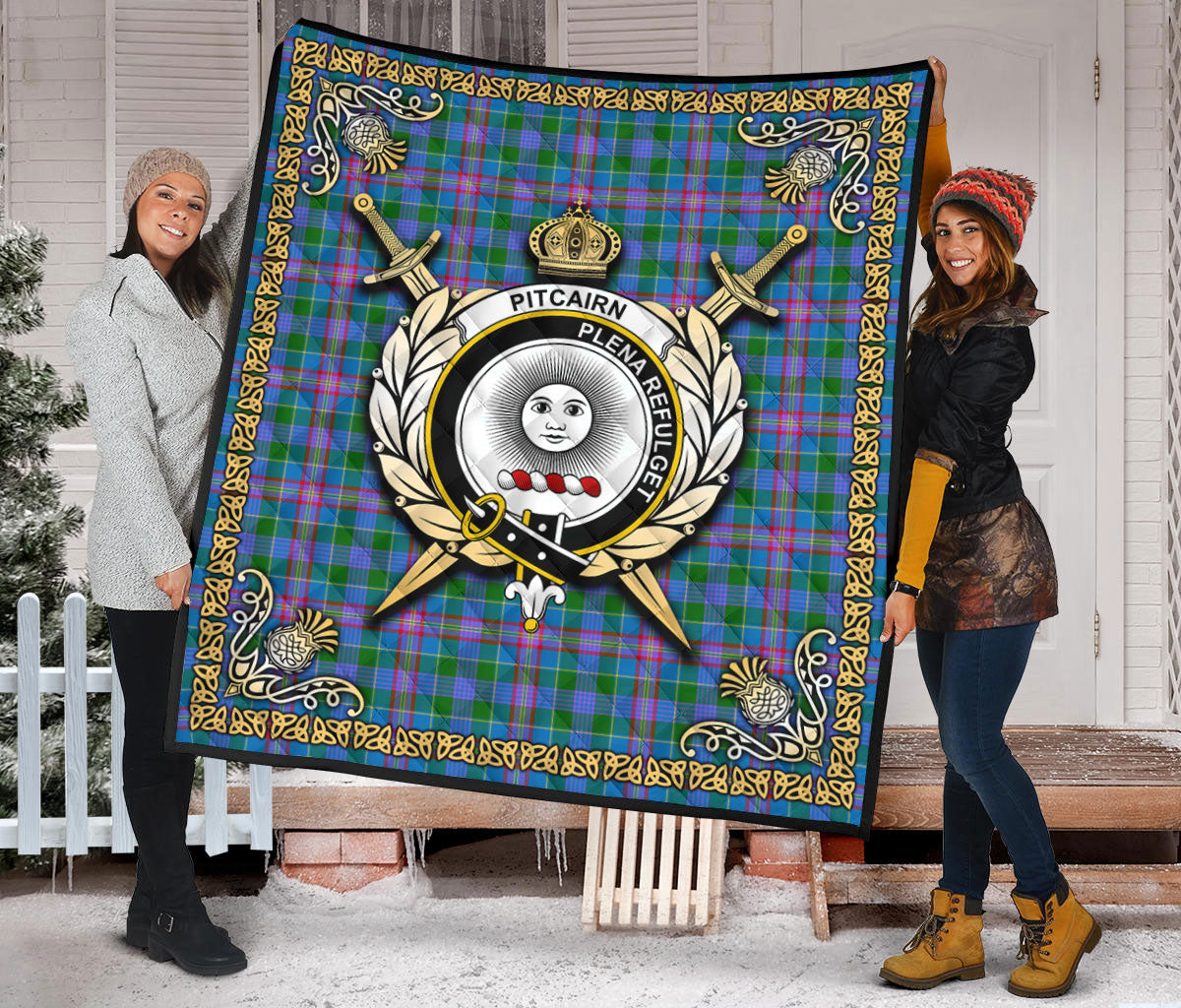 Pitcairn Hunting Tartan Crest Premium Quilt - Celtic Thistle Style