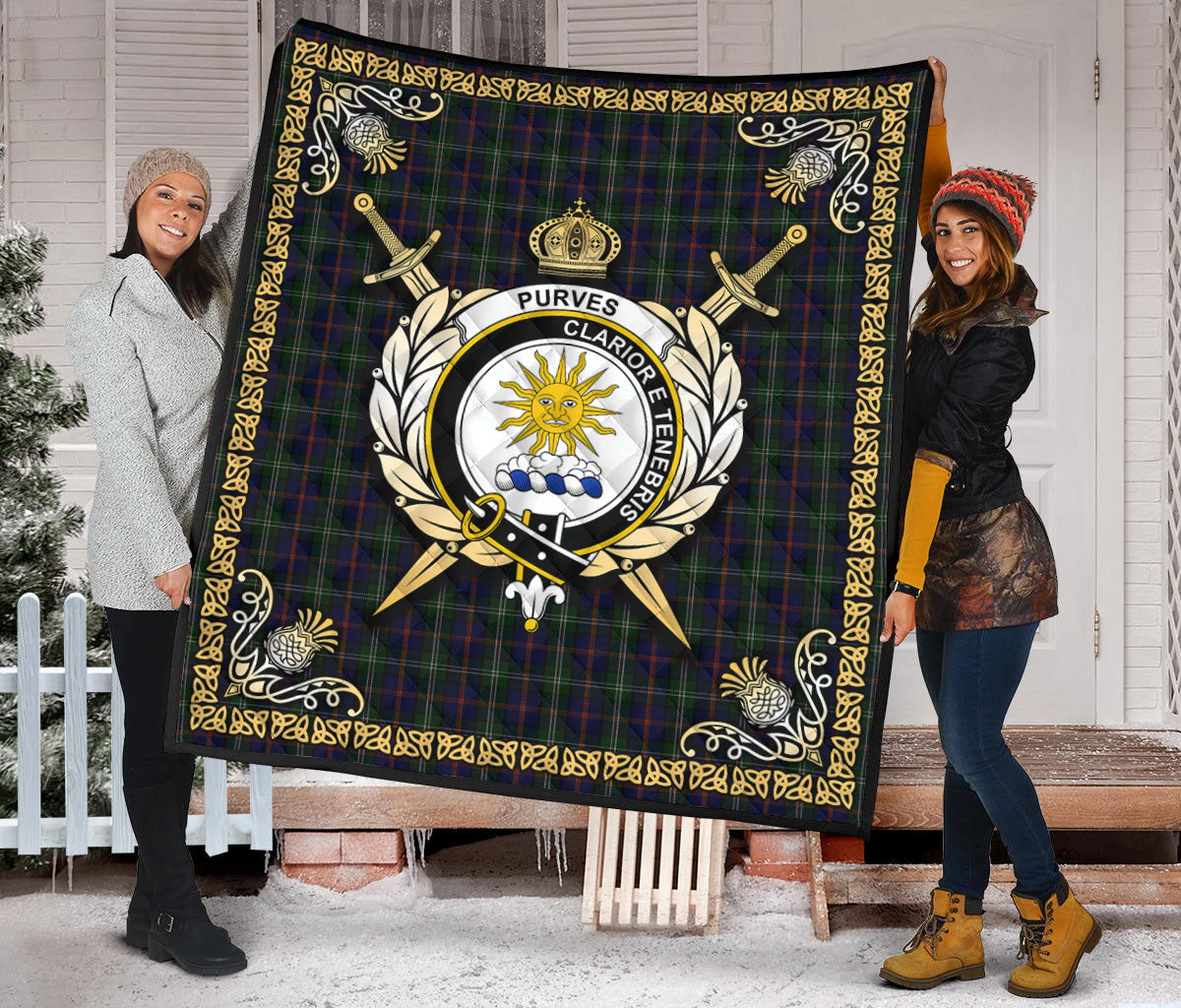 Purves Tartan Crest Premium Quilt - Celtic Thistle Style