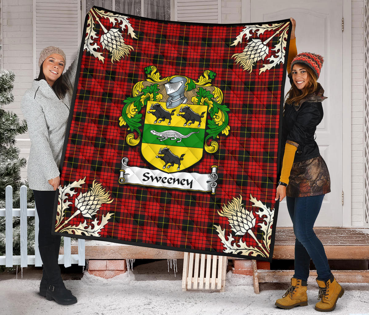 Sweeney Tartan Crest Premium Quilt - Gold Thistle Style