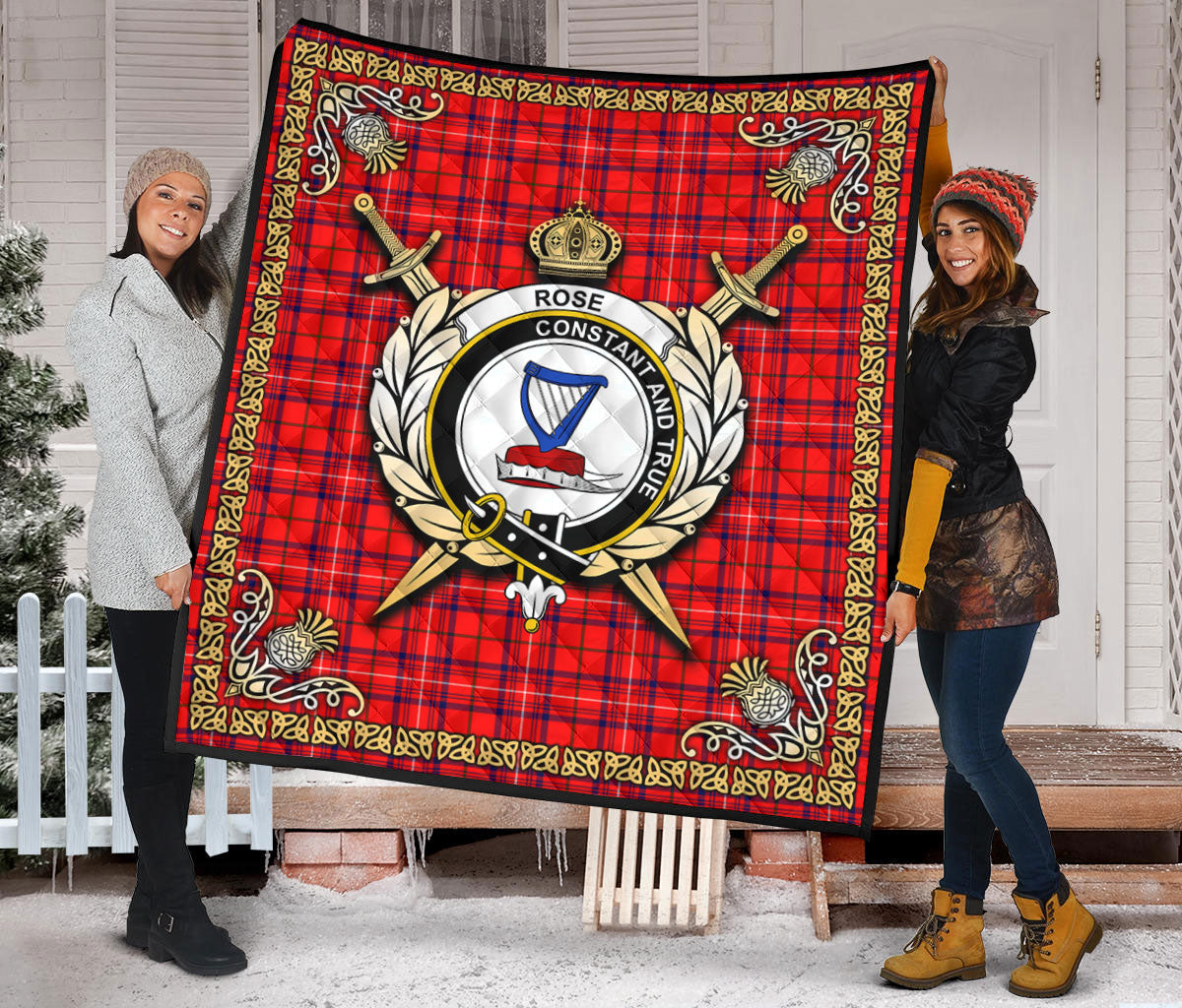 Rose Modern Tartan Crest Premium Quilt - Celtic Thistle Style