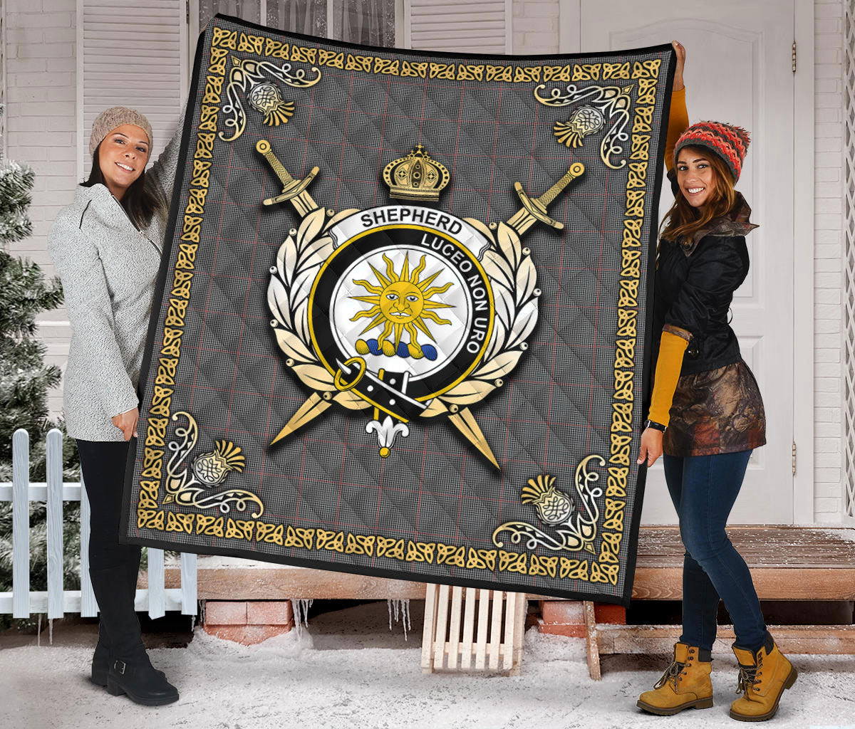 Shepherd Tartan Crest Premium Quilt - Celtic Thistle Style