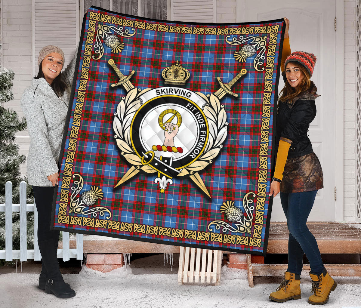 Skirving Tartan Crest Premium Quilt - Celtic Thistle Style