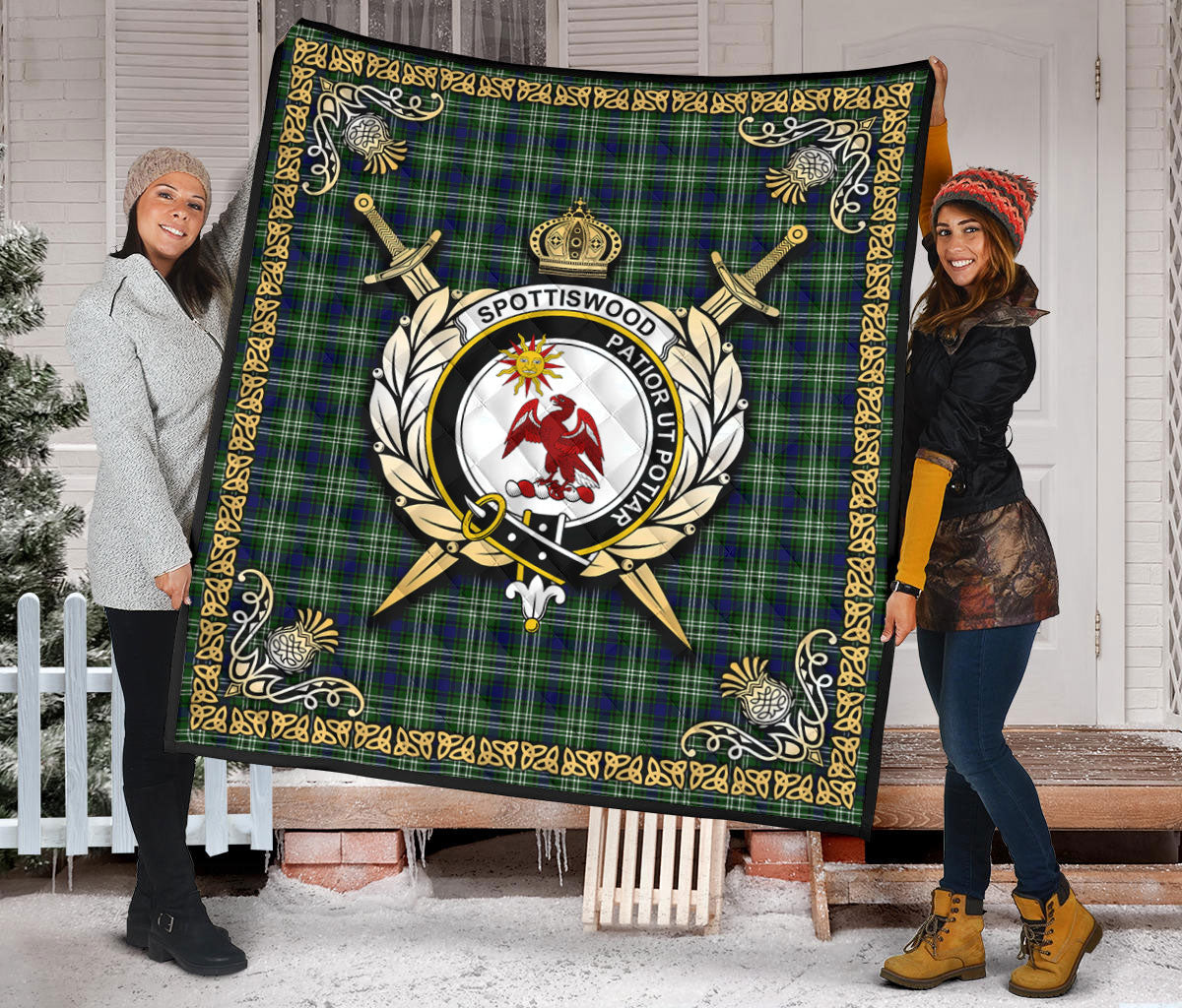 Spottiswood Tartan Crest Premium Quilt - Celtic Thistle Style