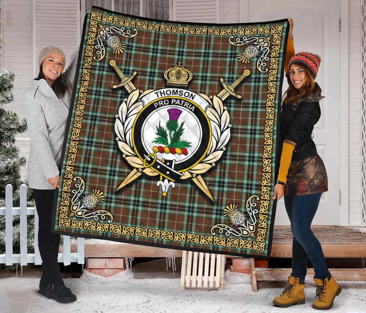 Thomson Hunting Modern Tartan Crest Premium Quilt - Celtic Thistle Style