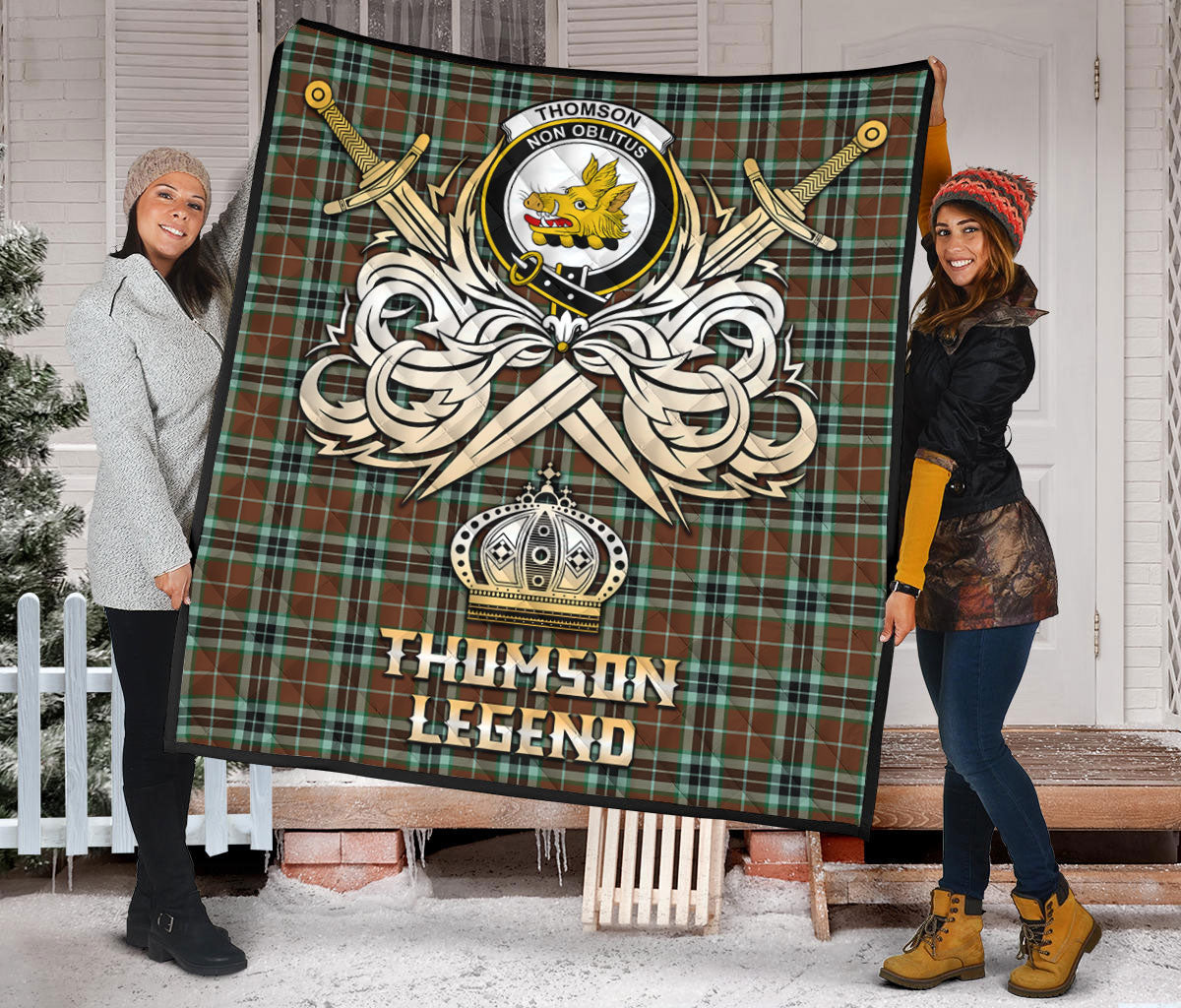 Thomson Hunting Modern Tartan Non Oblitus Crest Legend Gold Royal Premium Quilt