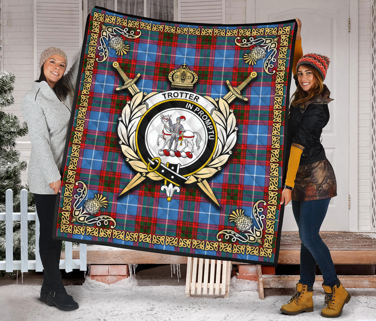 Trotter Tartan Crest Premium Quilt - Celtic Thistle Style