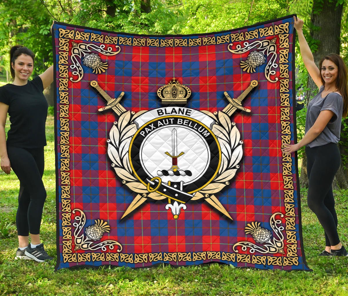 Blane Tartan Crest Premium Quilt - Celtic Thistle Style