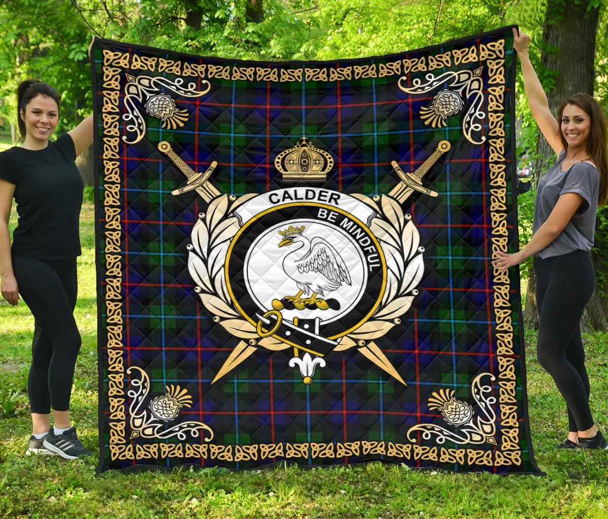 Calder (Calder-Campbell) Tartan Crest Premium Quilt - Celtic Thistle Style