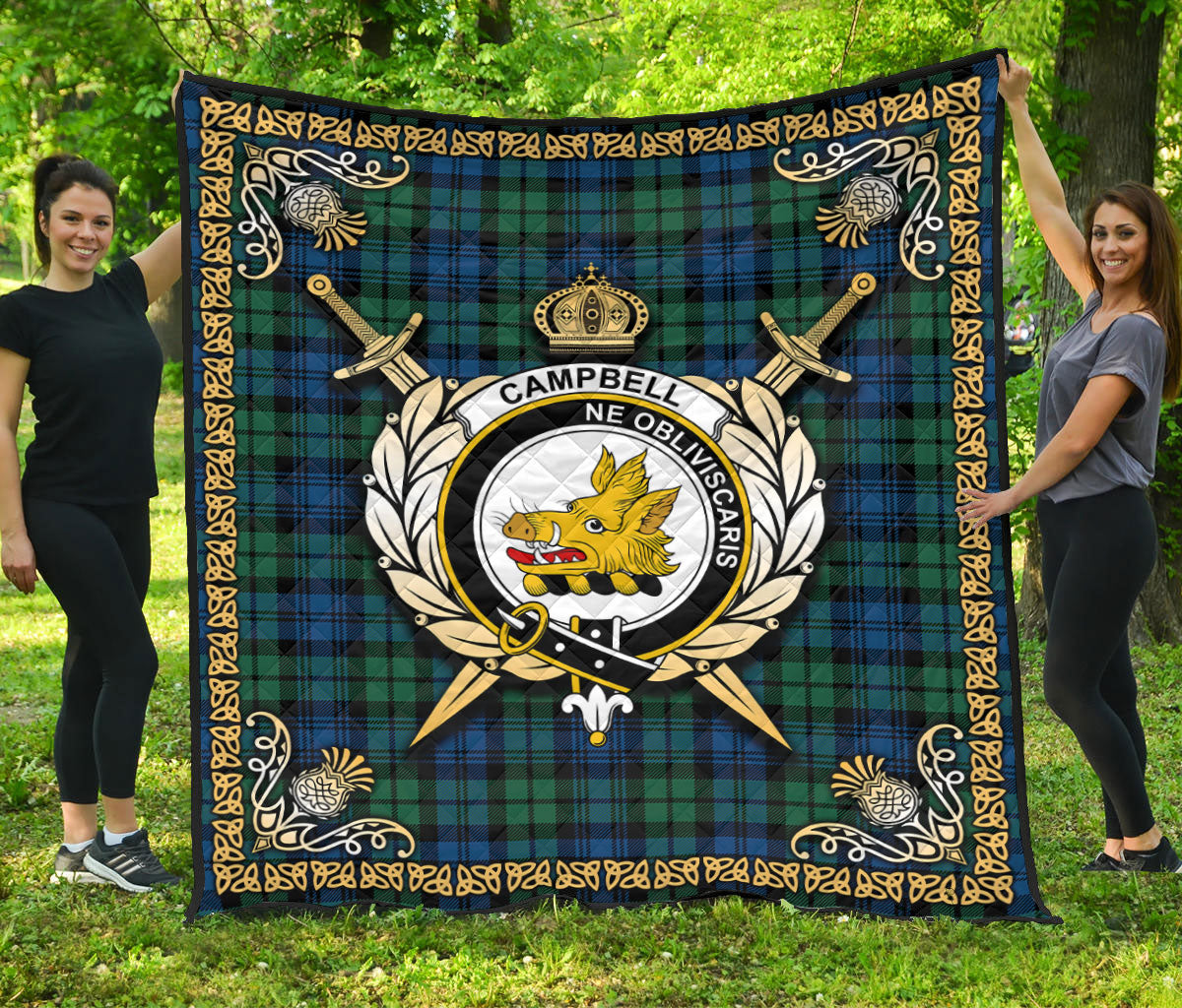 Campbell Ancient 02 Tartan Crest Premium Quilt - Celtic Thistle Style