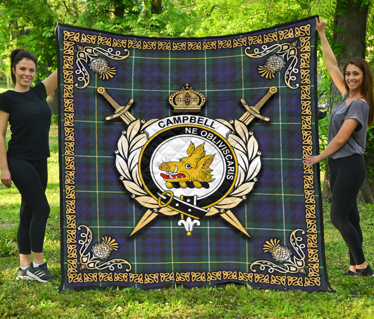 Campbell Argyll Modern Tartan Crest Premium Quilt - Celtic Thistle Style