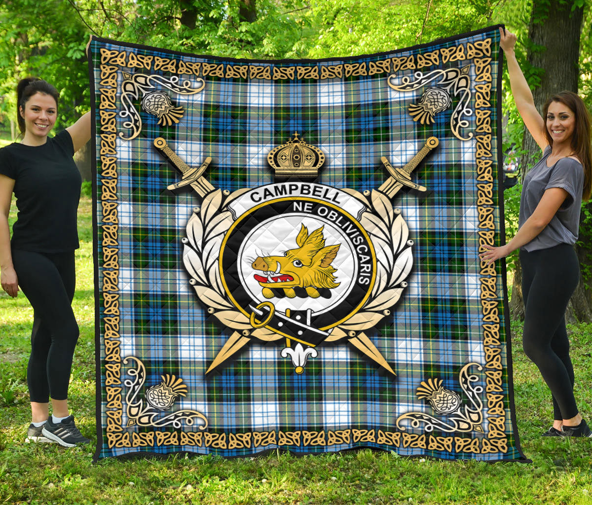 Campbell Dress Tartan Crest Premium Quilt - Celtic Thistle Style