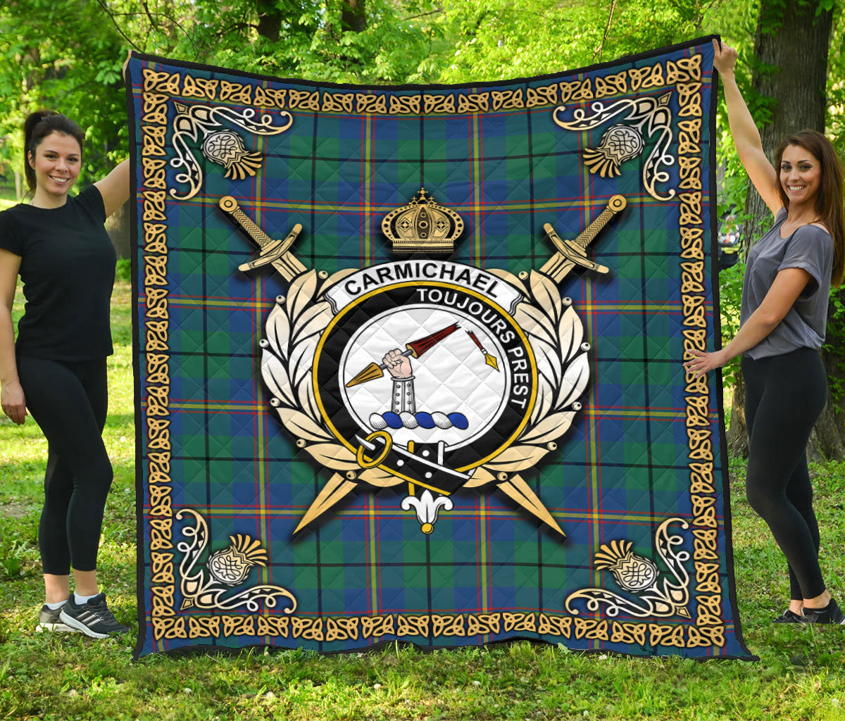 Carmichael Ancient Tartan Crest Premium Quilt - Celtic Thistle Style