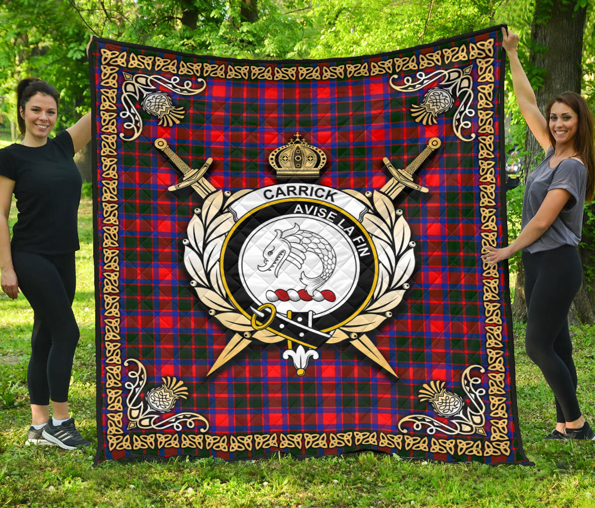 Carrick District Tartan Crest Premium Quilt - Celtic Thistle Style