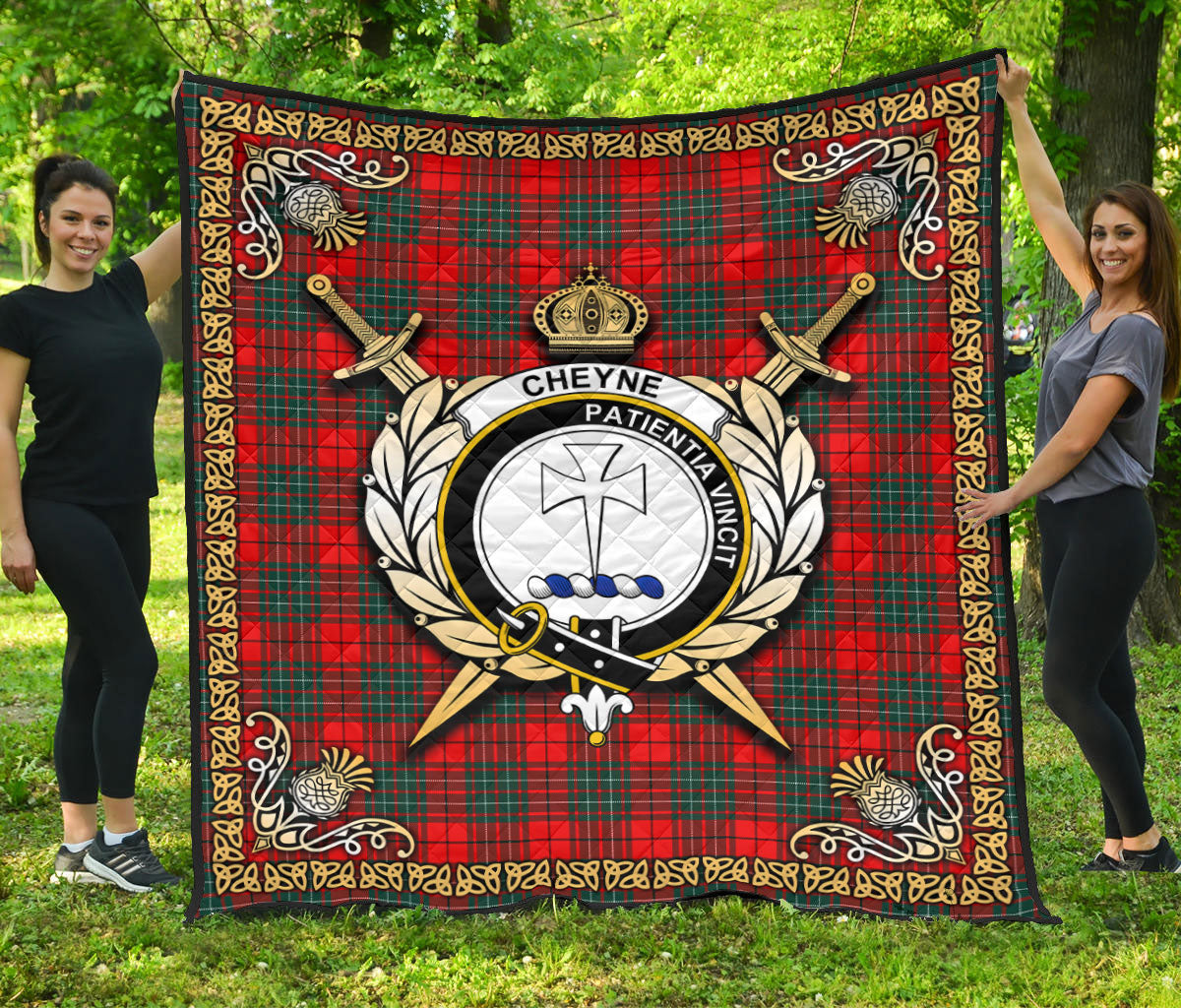 Cheyne Tartan Crest Premium Quilt - Celtic Thistle Style