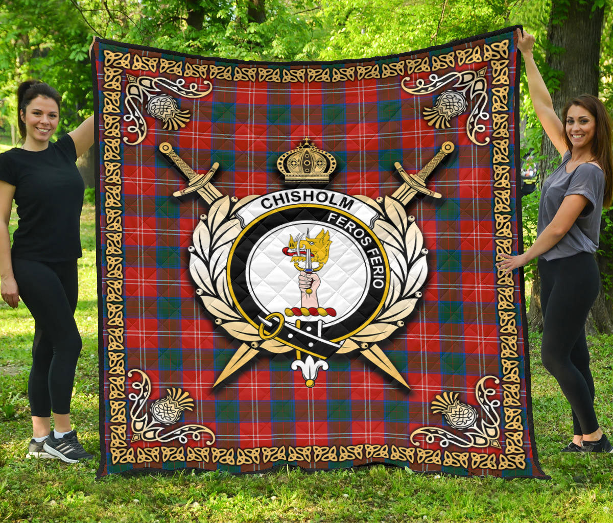 Chisholm Ancient Tartan Crest Premium Quilt - Celtic Thistle Style