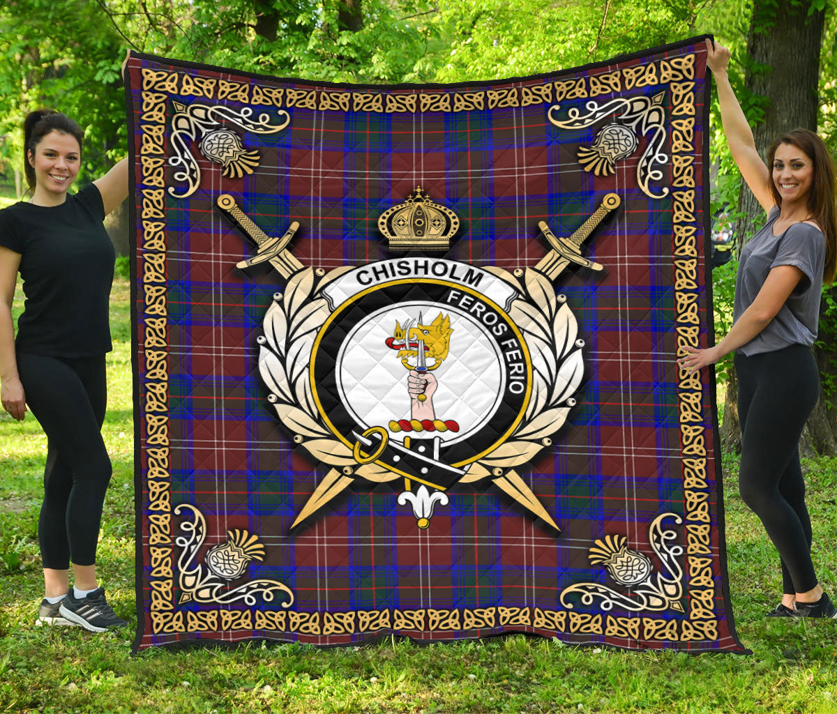 Chisholm Hunting Modern Tartan Crest Premium Quilt - Celtic Thistle Style