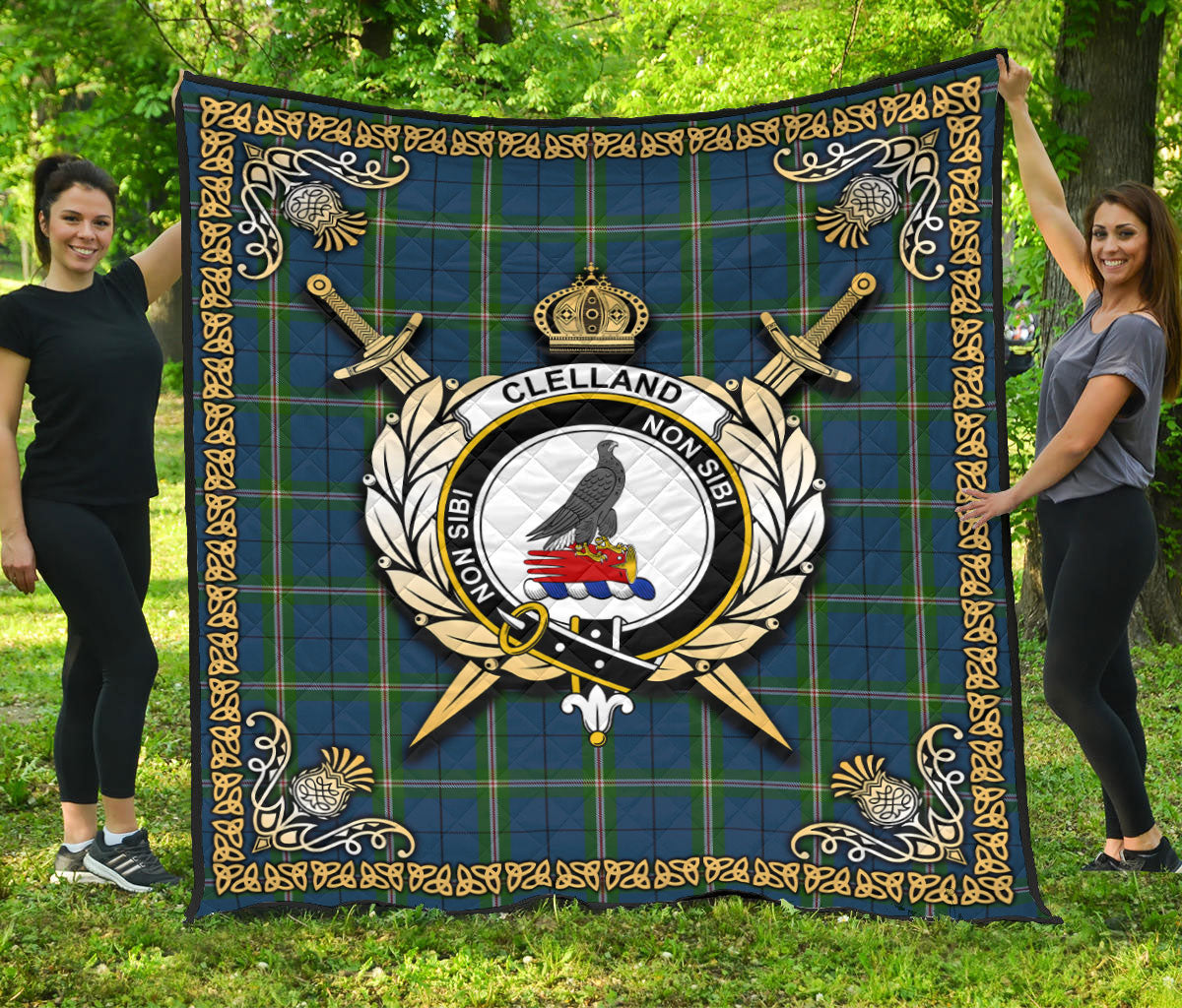 Clelland Tartan Crest Premium Quilt - Celtic Thistle Style