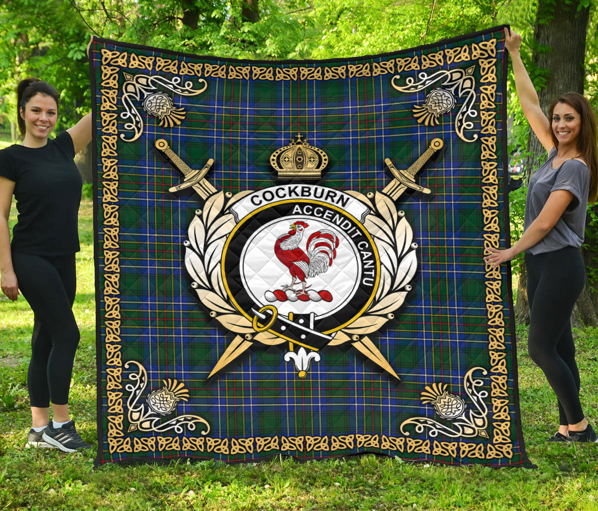 Cockburn Ancient Tartan Crest Premium Quilt - Celtic Thistle Style