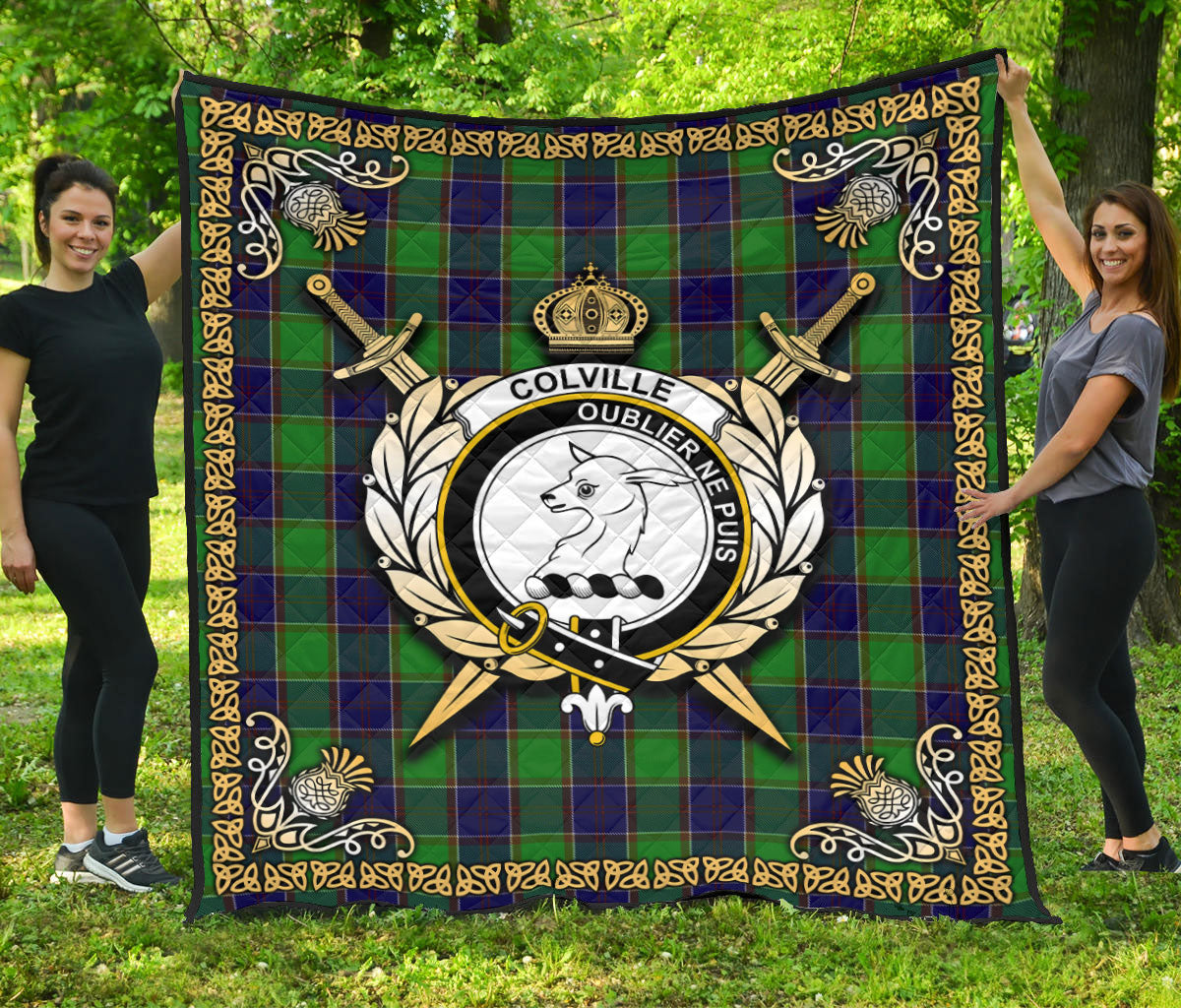 Colville Tartan Crest Premium Quilt - Celtic Thistle Style